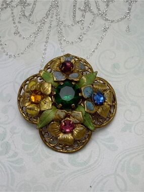 Vintage Czech  Floral Brooch with Multicolor Glass Stones #cz805